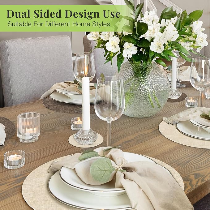 13-Inch Faux Leather Round Placemats Set of 4, Waterproof Anti-Slip Dual Sided Place mats, Heat Resistant Washable Table Mats with Coaster, Suitable for Indoor & Outdoor (4, Beige Dark Coffee)