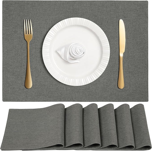 Linen Cloth Double Layers Placemats, Cotton Woven Placemats Set of 6, Kitchen Table Farmhouse Decor Heat Resistant Table Mats, Outdoor Indoor Square Fabric Place Mats Can be Washable (Dark Gray)