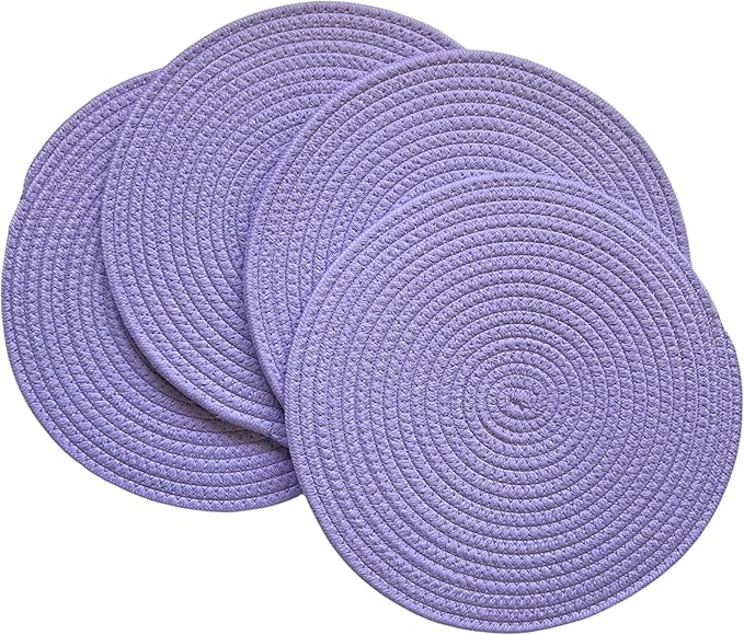 WAZAIGUR Round Placemats Washable Thick Cotton Absorbent 13 inch Round Table Mats for Kitchen Dining Table Set of 4 Round Woven Fabric Indoor/Outdoor Place Mats (Purple, 4)