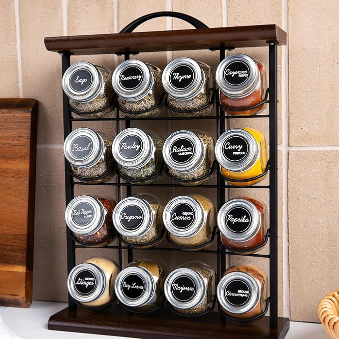 Orii 16 Jar Acacia Wood Vertical Spice Rack with Spices Included & 5-Year Spice Refill Program – Space-Saving Countertop Spice Rack with Glass Jars