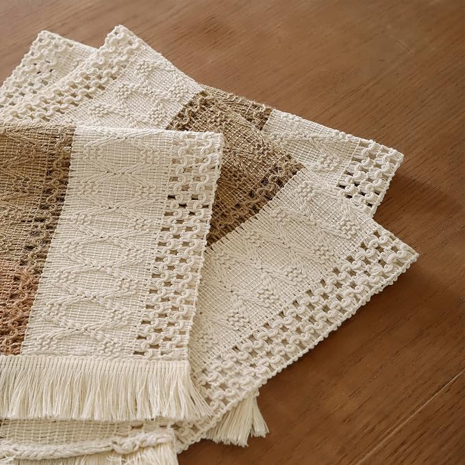 Farmhouse Placemats Set of 4 with Fringe Boho Placemats Macrame Table Decor Woven Placemats in Natural Burlap for Kitchen and Dining Table Centerpiece Home Decorations, Khaki