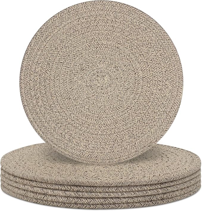 Round Placemats Set of 6, Cotton Rope Woven Table Mats, Hot Pads for Kitchen, Non Slip Heat Resistant Place Mats, 13 Inches Braided Placemat for Farmhouse Decor and Kitchen Table Decor (Brown)