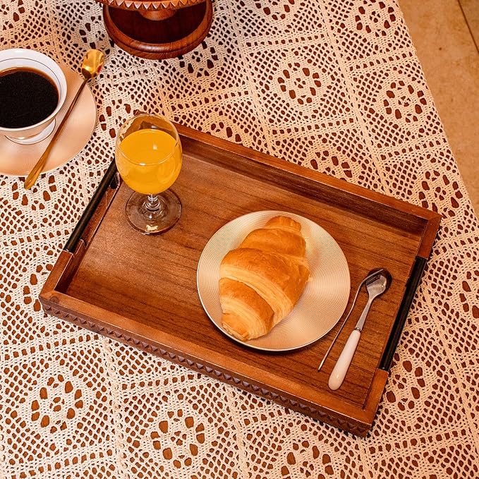 Wooden Set of 2 Serving Trays with Metal Handles Vintage Ottoman Tray 15 X 11 Wooden Retro Decorative Trays with Geometric Beads for Dinner & Home Decor (2paxk)