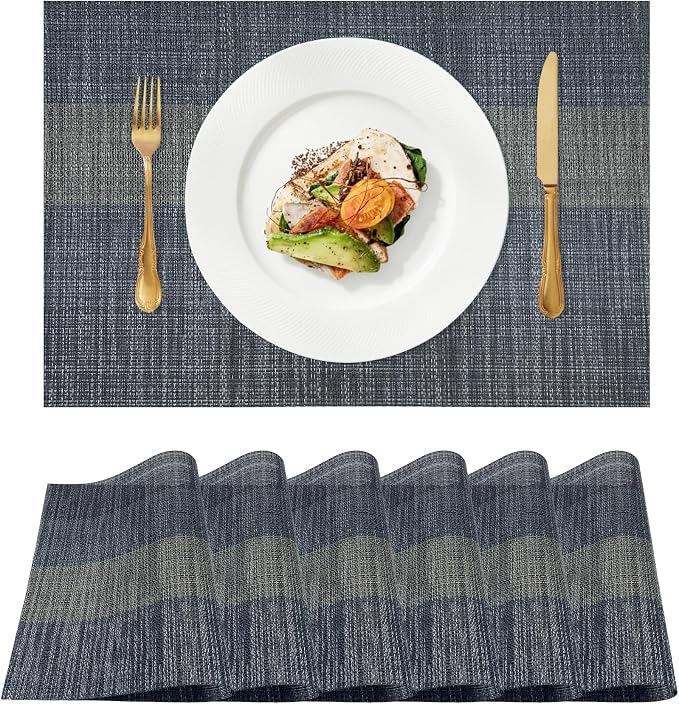 Placemats Set of 6, Vinyl Woven Placemats, Beautiful Washable and Durable Non-Slip Table Placemats, Indoor/Outdoor Placemats (Black, 6)