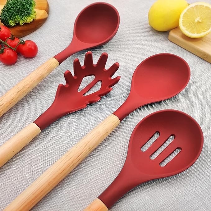 Kitchen Utensils Set 12 Pieces Nonstick Silicone Cooking Utensils Wood Handle Silicone Cooking Utensils Set with Holder Dishwasher Safe BPA Free(red)