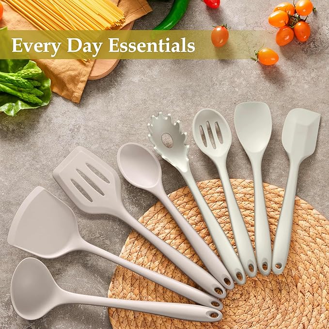 LIANYU 8Pcs Kitchen Utensils Set, Silicone Cooking Utensils Spatula Set for Nonstick Cookware, Include Silicone Spatula, Ladle, Turner, Spoon, Heat Resistant, Dishwasher Safe, Khaki White