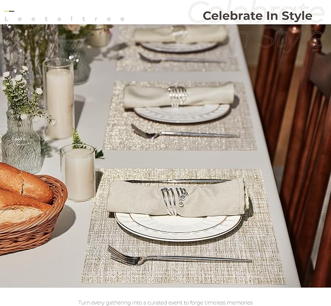 Leetaltree Sparkling Beige and Gold Vinyl Woven Placemats Set of 6 - Durable - Washable - Wipeable Dining Table Place Mats, Suitable for Indoor & Outdoor Use - Hand-Cut