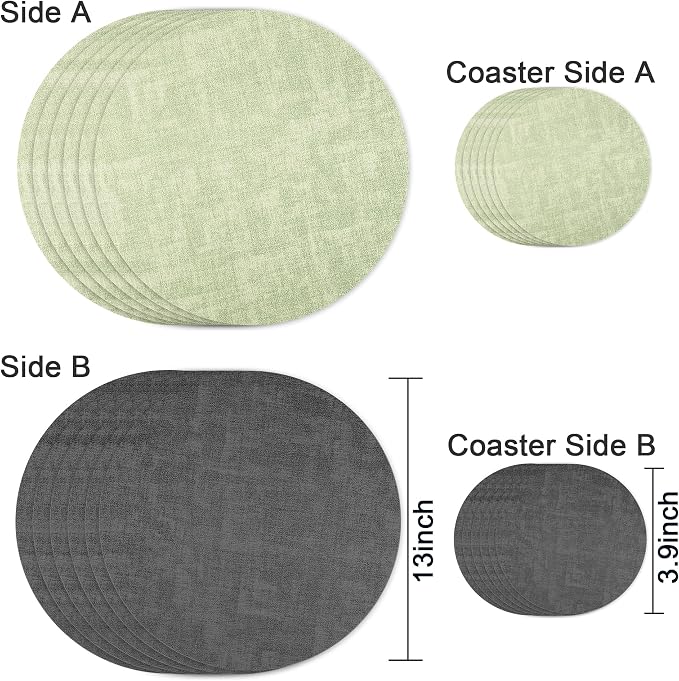 13-Inch Faux Leather Round Placemats Set of 6, Waterproof Anti-Slip Dual Sided Place mats, Heat Resistant Washable Table Mats with Coaster, Suitable for Indoor & Outdoor (6, Black Light Green)