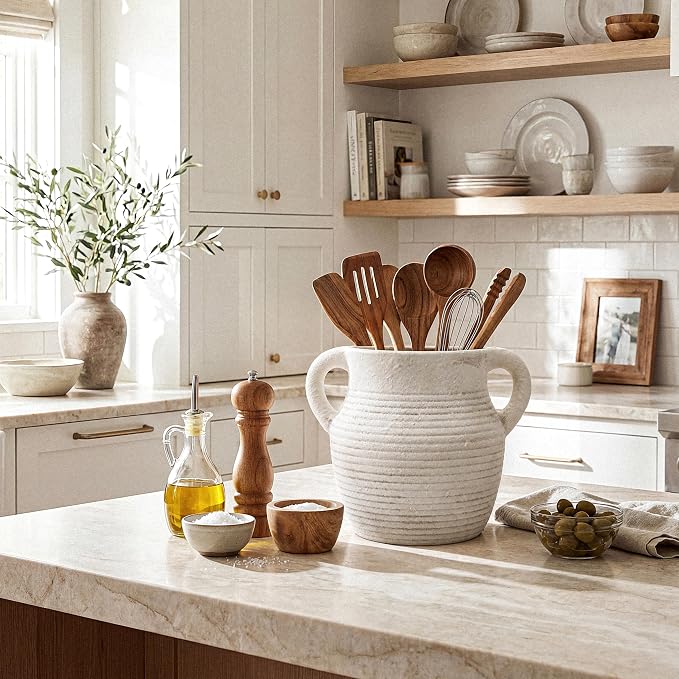 Rustic Utensil Holder for Kitchen Counter - Large Ceramic Farmhouse Cooking Utensil Crock & Organizer for Spatula, Spoon - Vintage Kitchen Decor (Ivory)