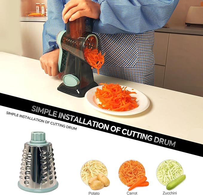 Ultra Rotary Cheese Grater – Manual Hand Crank Cheese grater & Vegetable Chopper 3 Sharp Blades & Reinforced Suction Base - Grater for cheese shredder Nuts, Vegetable - Essential Kitchen Gadgets