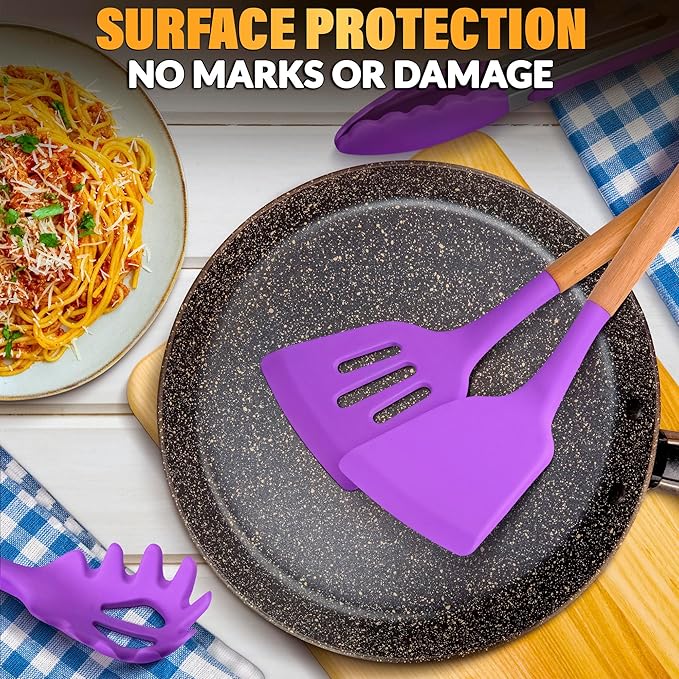 12 Pcs Purple Kitchen Utensils Set with Holder – Versatile Silicone Utensils Set for Cooking and Baking, Gentle on Pots and Pans, Heat-Resistant, Stylish, Easy to Clean, Purple Kitchen Accessories