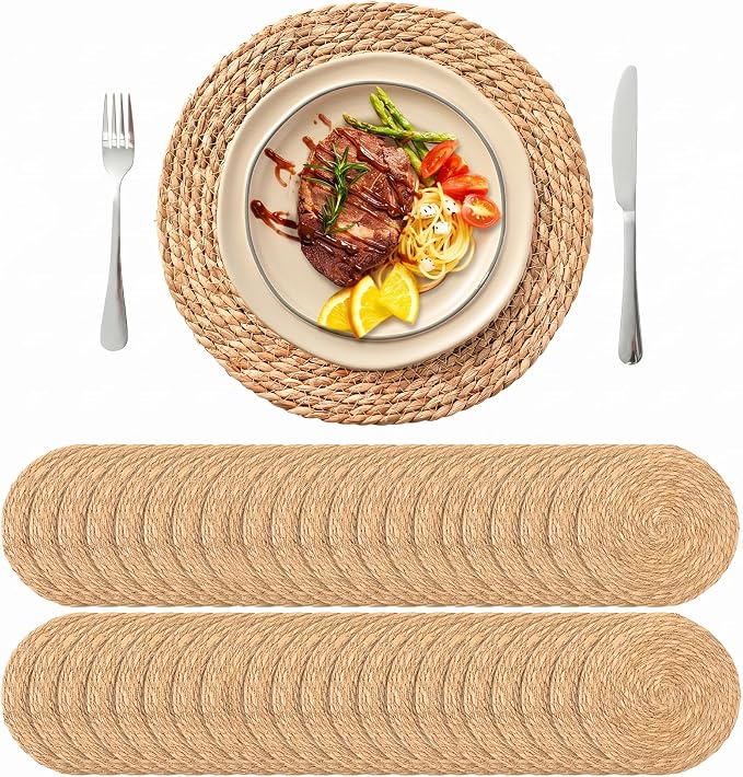 13.8'' Round Woven Placemats Set of 40, Boho Rattan Chargers for Dinner Plates, Rustic Wicker Place Mats, Straw Braided Table Placemats, for Dining Table Decor, Wedding, Farmhouse and Home Decor