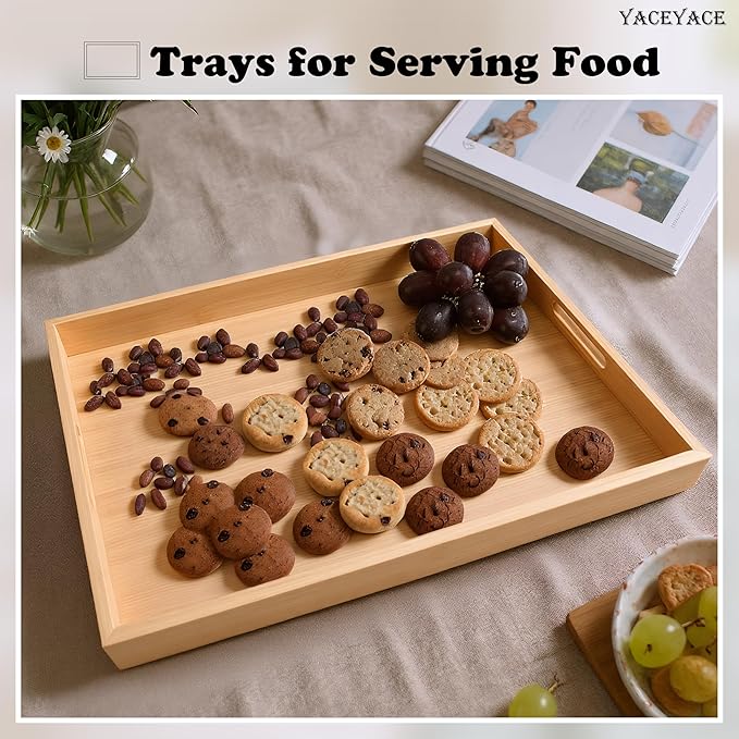 Serving Tray with Handles, 17"x12.5"x1.5" Large Bamboo Serving Tray for Ottoman, Decor Tray for Breakfast, Living Room, Drink, Coffee Table