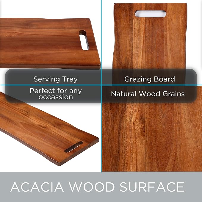 BIRDROCK HOME 36" Acacia Wooden Cheese Serving Board with Handles - Extra Long - Party Charcuterie for Appetizers Food Kitchen Platter - Bread Meat Fruit Display - Natural Wood - Espresso