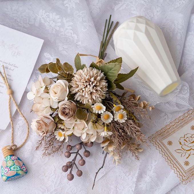 Small Fake Silk Flowers Bouquet with Vase, Faux Centerpieces with Roses, Dandelions, Hydrangea, Daisies, Eucalyptus, Hollyberries - Artificial Floral Arrangements for Home Kitchen Decor
