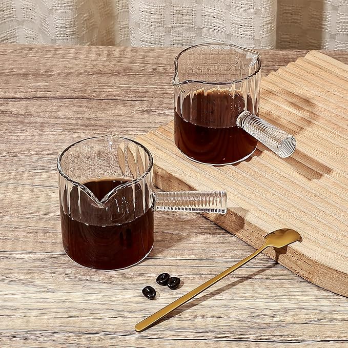 Koythin Glass Measuring Cups, Espresso Shots Cup for Latte Cappuccino, Minimalist Espresso Cups with Double V-Shaped Spout, Ribbed Coffee Bar Accessories with Glass Handle, 3 oz/180 ml (Cylindrical)