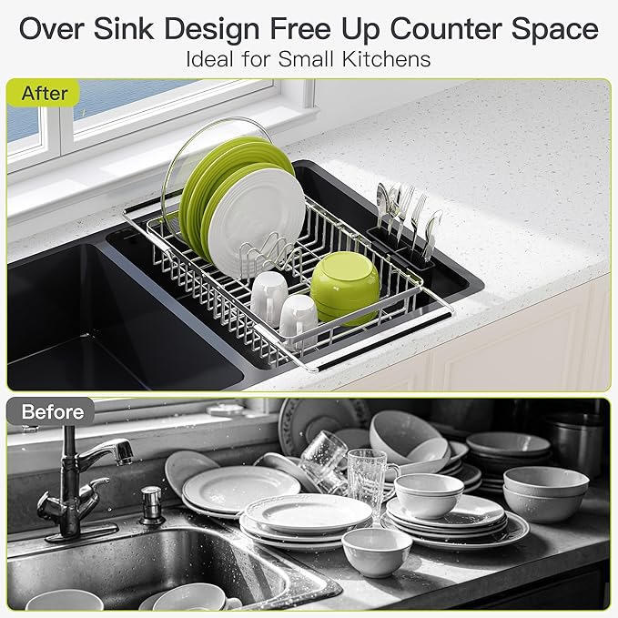 JASIWAY Expandable Stainless Steel Dish Drying Rack Over The Sink For Small Kitchen, Counter Space Saving Compact Plate Drainer Strainer, Adjustable Hanging Metal Dish Dryer Holder with Utensil Holder