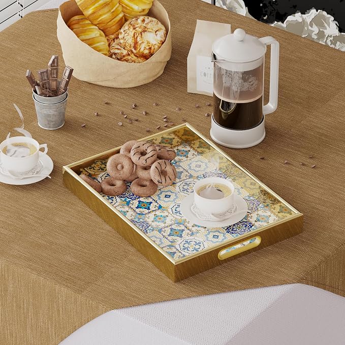 Morocco Gold Decorative Tray Set of 2, Plastic Serving Tray with Handles, Rectangular Coffee Table Tray, Nesting Trays for Living Room, Bathroom, Ottoman