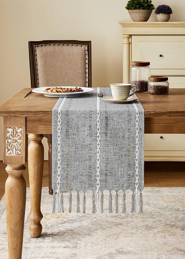 Hemstitched Farmhouse Table Runner, Charcoal 13x36 Inch, Cotton Linen Table Runners 36 Inches Long, Embroidered Striped Grey Boho Table Runner Rustic Home Decor