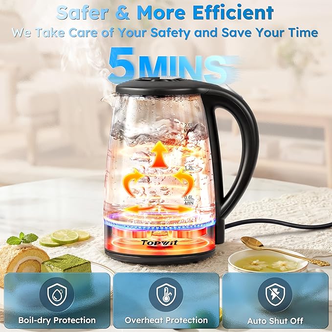 TOPWIT Electric Kettle Glass Hot Water Kettle, 2.0L Water Warmer, BPA-Free Stainless Steel Lid & Bottom, Tea Kettle with Fast Heating, Auto Shut-Off & Boil Dry Protection