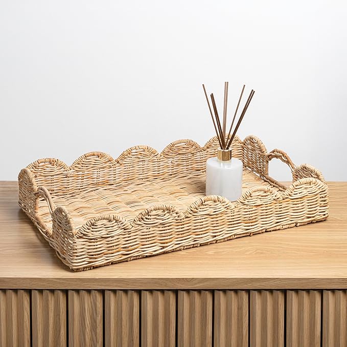 happimess TRY1000B Scalloped 21.5" Southwestern Cottage Hand-Woven Rattan Tray with Handles for Storage,Decoration, Display, Coffee Table or Serving Food, Light Brown