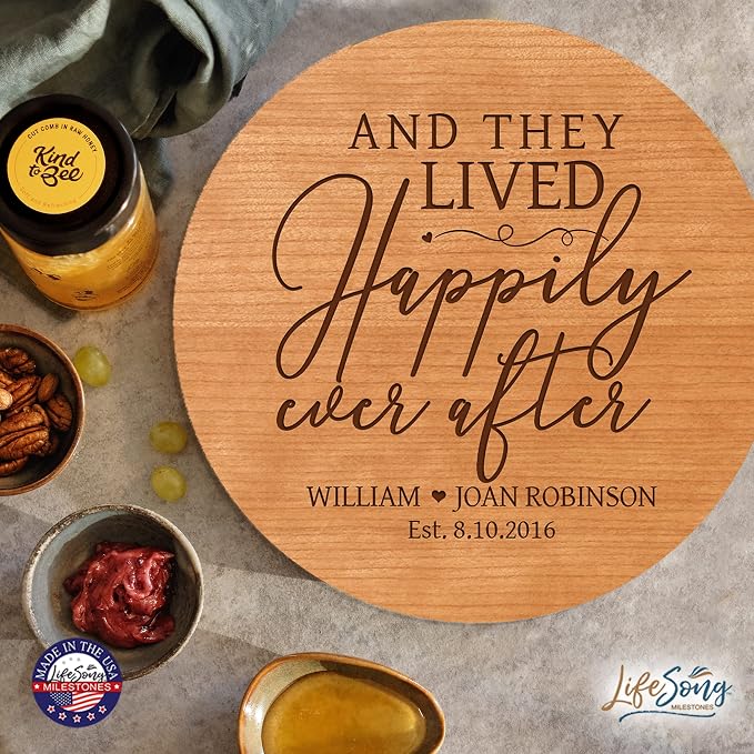 LifeSong Milestones Personalized Cherry Wood Lazy Susan Kitchen Turntable Everyday Design Ideas 12” Engraved Decorative Serving Centerpiece Couple (Happily Ever After)