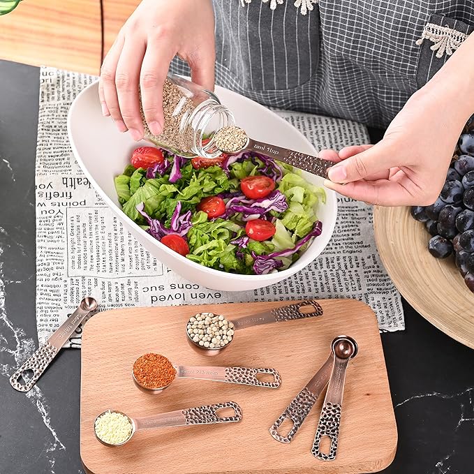 Measuring Spoons Set 7, Copper Plated Measuring Spoons Set for Baking & Kitchen, Metric &US Stainless Steel Measure Tools with Leveler for Dry & Liquid