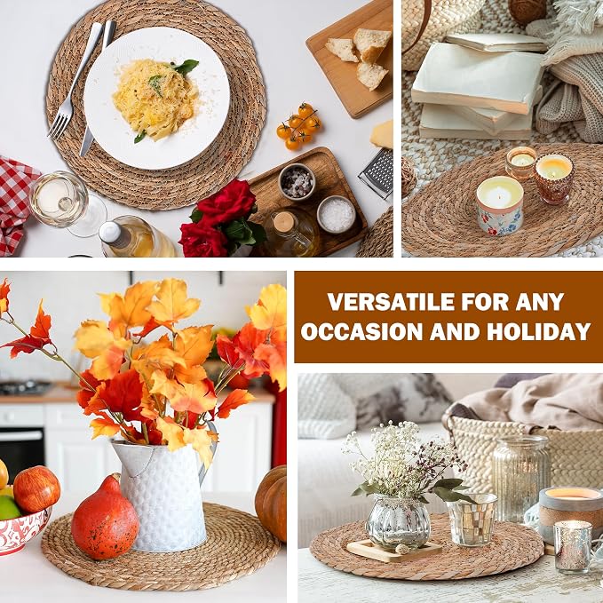 Defined Deco Woven Placemats Set of 6,12" Round Rattan Placemats,Natural Hand-Woven Water Hyacinth Placemats,Farmhouse Weave Place Mats,Rustic Braided Wicker Table Mats for Dining Table,Home,Wedding.