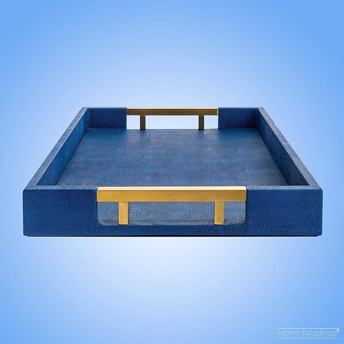 Modern Elegant 17.5”x12” Rectangle Navy Blue Faux Leather Shagreen Decorative Tray Ottoman Tray Coffee Table Perfume Living Room Kitchen Serving Tray with Brass Gold Metal Handles by Home Redefined.