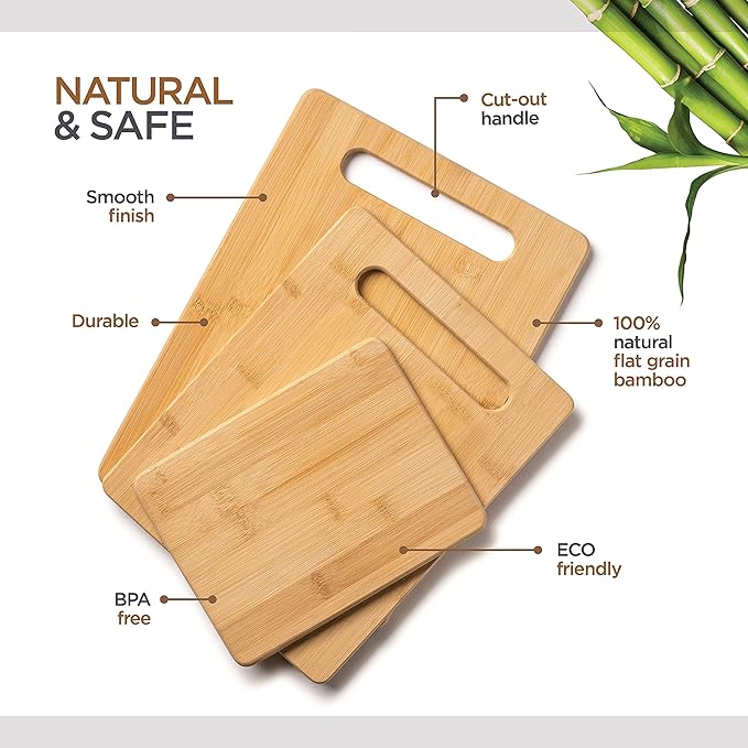 Bamboo Cutting Boards for Kitchen [Set of 3] Wood Cutting Board for Chopping Meat, Vegetables, Fruits, Cheese, Knife Friendly Serving Tray with Handles, 3 Piece Large, Medium, Small Size for Food Prep