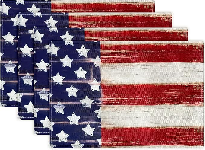 Bloss Patriotic 4th of July Placemats Set of 6, Memorial Day 12" x 18" Linen Table Mats for Party Kitchen Dining Decoration, Retro Vintage Independence Day Disposable Place Mats