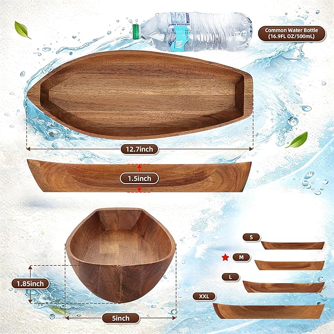 Lucky Boat Serving Tray, Acacia Solid Wood Interesting Shape Plate for Serving Desserts, Fruit, Snack and House Ornament,Key Tray,Functional and Storage Decorative Bowl。(M)