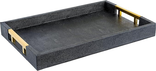 Modern Elegant 17.5"x12" Rectangle Black Glossy Shagreen Faux Leather Decorative Tray Ottoman Coffee Table Perfume Living Room Kitchen Serving Tray with Gold Polished Metal Handles by Home Redefined