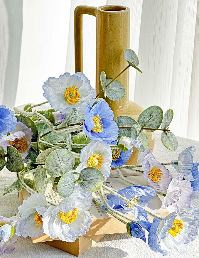 Blue Poppy Artificial Flowers and Eucalyptus Stems mixed, Fake Silk Flowers with Stems for Vase, Faux Floral Arrangements for Wedding Party Farmhouse Home Office Table Centerpieces Decoration