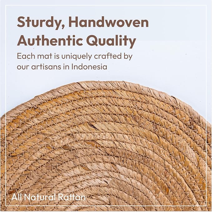 Round Woven 13" Rattan Placemats Set of 6, Made in Indonesia, Handwoven Heat-Resistant Table Mats, Eco-Friendly Boho Farmhouse Decor, Natural Wicker Chargers for Dinner Plates (Honey)