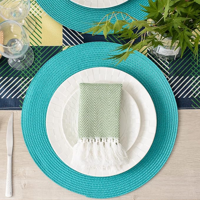 AHHFSMEI Round Placemats Set of 6 Heat Resistant Washable Non-Slip Woven Braided Table Mats for Dining Table Kitchen & Home Decor (Turquoise)