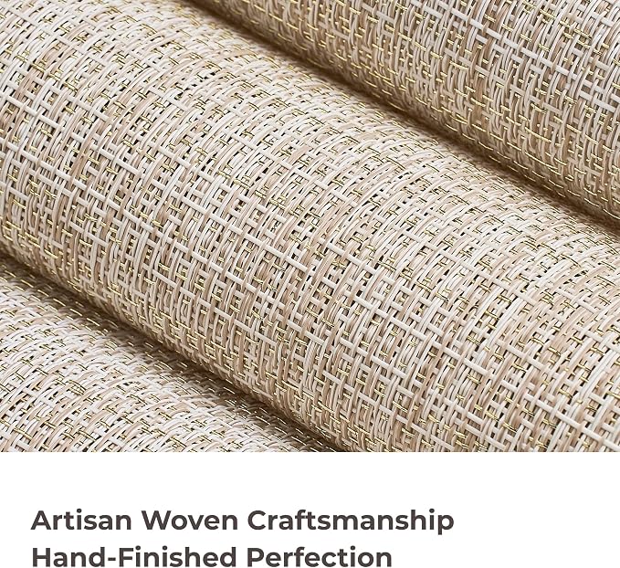 Leetaltree Sparkling Beige and Gold Vinyl Woven Placemats Set of 8 - Durable - Washable - Wipeable Dining Table Place Mats, Suitable for Indoor & Outdoor Use - Hand-Cut