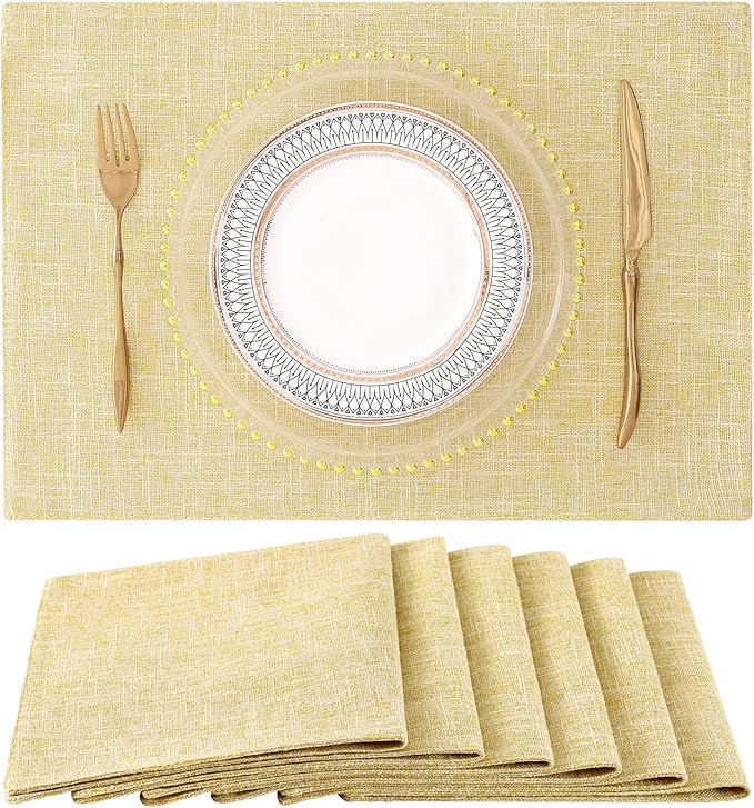 homing Faux Cotton Linen Placemats Set of 6, Cloth Washable Farmhouse Dining Table Mats for Indoors & Outdoors, Easy to Clean, Lemon Yellow, 13 x 19 Inch