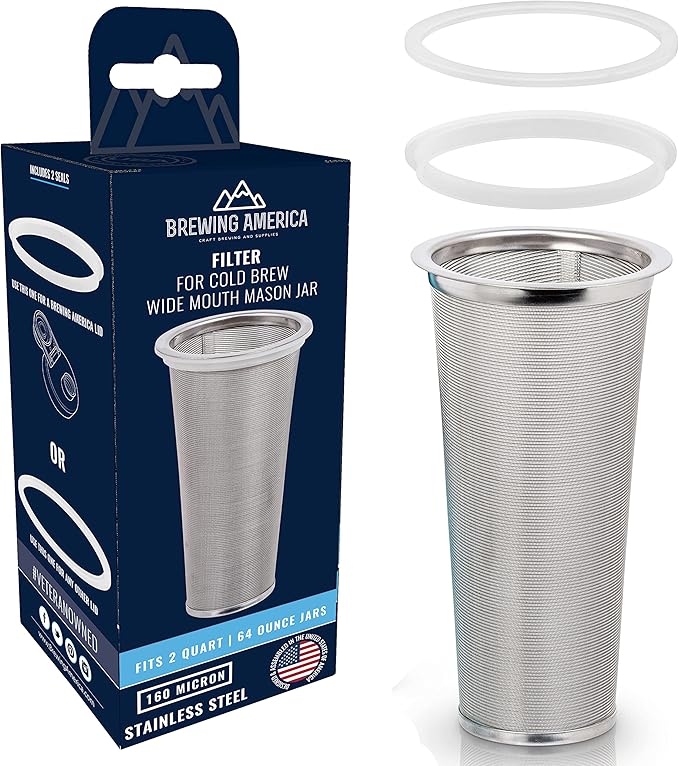 Brewing America Cold Brew Filter for Mason Jar Wide Mouth Coffee Maker, UPGRADED Stainless Steel Mesh with Silicone Seals 2 Quart (64 Ounces)