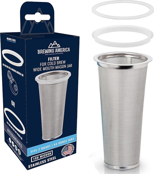 Brewing America Cold Brew Filter for Mason Jar Wide Mouth Coffee Maker, UPGRADED Stainless Steel Mesh with Silicone Seals 2 Quart (64 Ounces)