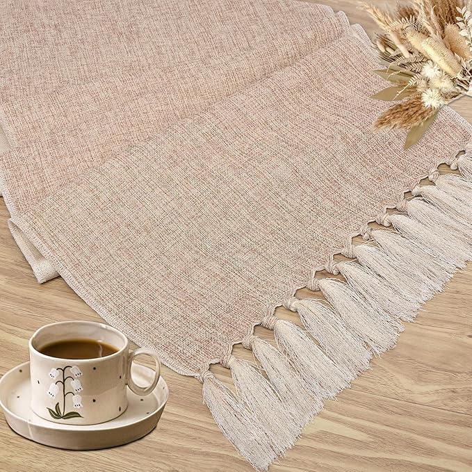 yuboo Boho Table Runner 48 Inches - Neutral Coffee Table Runner for Living Room, Spring Mother‘s Day Decor, Small Round Dining Table, Dresser Scarves (55" with Tassels)