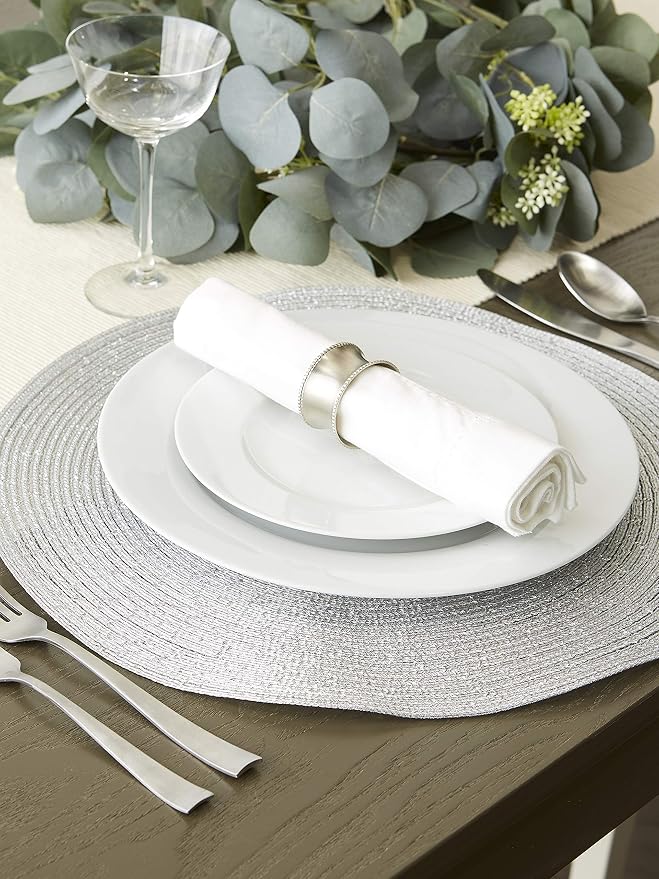 DII Woven Placemats Collection Metallic Round Placemat Set, 15", Platinum Silver, 4 Piece