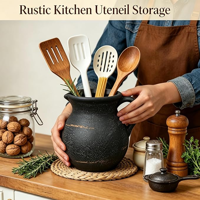 Rustic Kitchen Utensil Holder, 7.3'' Ceramic Vintage Utensil Crock for Counter, Farmhouse Utensil Crock Countertop Organizer for Spatulas Spoons Cooking Tools, Modern Home Kitchen Decor (Black)
