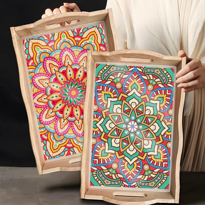 Generic DIY Diamond Serving Tray Rectangular Upgrade Increase Breakfast Tray with Handles Handmade Diamond Art Painting Wooden Tray Dinner Plate for Coffee Living Room Home Organizer-Mandala07