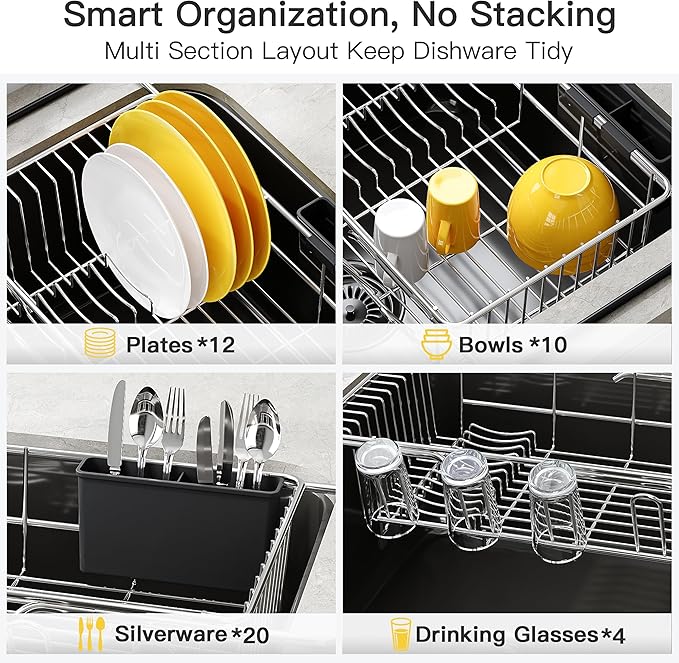 JASIWAY Dish Drying Rack in Sink, Expandable Stainless Steel Dish Drainers with Drainboard for Kitchen Counter, Space Saving Dish Dryer Rack, Over The Sink Dish Racks with Utensil Holder, Sliver
