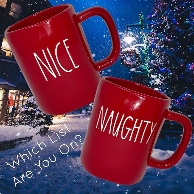 RAE DUNN RED NAUGHTY OR NICE MUG SET - Artisan Collection BY MAGENTA – 2 Pack – 1 Red Naughty Mug and 1 Red Nice Mug – Which one are you?