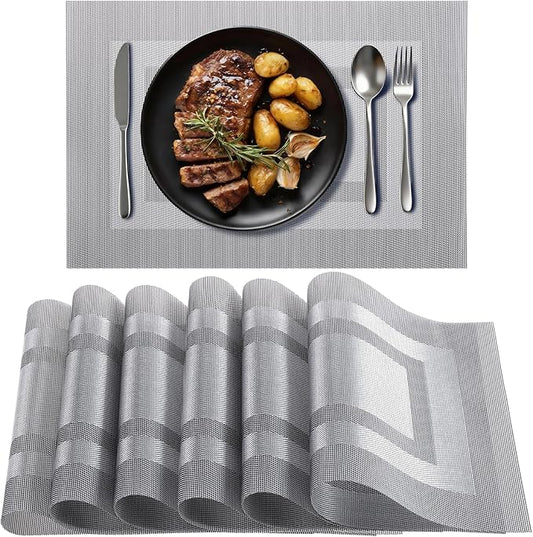 Timeet Gray Placemats Set of 6, Heat Resistant Non-Slip Place Mats, Durable Washable PVC Vinyl Woven Table Mats, Wipeable Placemats for Dining Table Easy to Clean