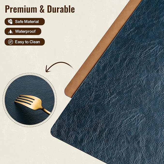Placemats Set of 8, DOLOPL Reversible Dual-Color Faux Leather Place Mats 17"x11.8"– Waterproof, Heat Resistant, Washable & Wipeable, Luxury Retro Style for Kitchen, Dining Table (Camel/Navy Blue)