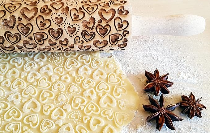 HEARTS EMBOSSING ROLLING PIN WOODEN ROLLING PIN for EMBOSSED COOKIES with LOVE HEARTS