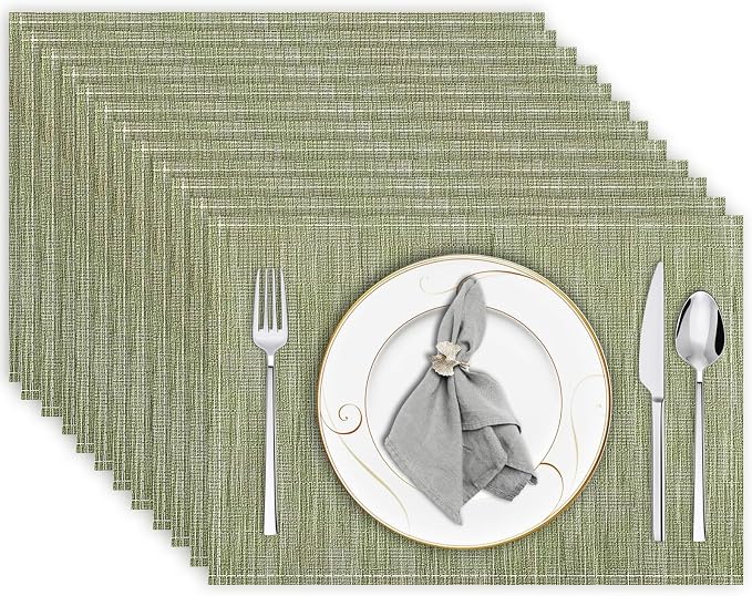 Niviy Green Placemats Set of 12, 12x18 Inch Washable Easy to Clean Heat-Resistant Anti-Skid Sage Green Placemats for Holiday Party Kitchen Dining Room Decoration
